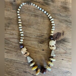 Vintage Bone Elephants, Abalone Shell, Stone Beaded Necklace